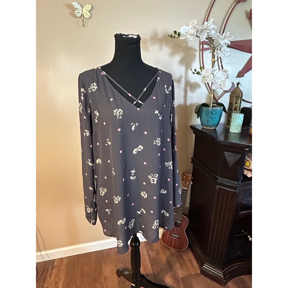 Express Womens Gray Floral Polka Dot V-Neck Strappy Long Sleeve Blouse Large